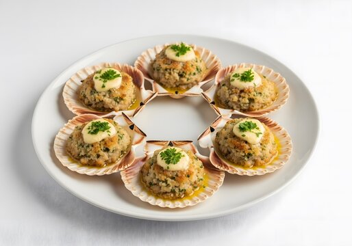 Plate of delicious baked scallops topped with breadcrumbs and fresh parsley garnish.