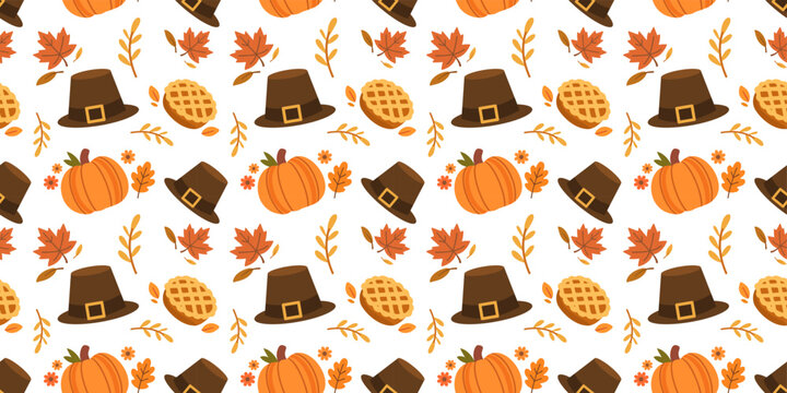 traditional pilgrim hats and bright autumn pumpkins seamless pattern
