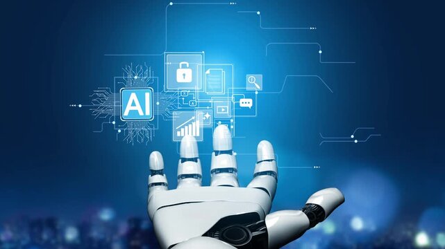 Futuristic Robotic Hand Reaching for Digital Icons Representing Artificial Intelligence, Technology, Cybersecurity, and Data Management Solutions Gluon.