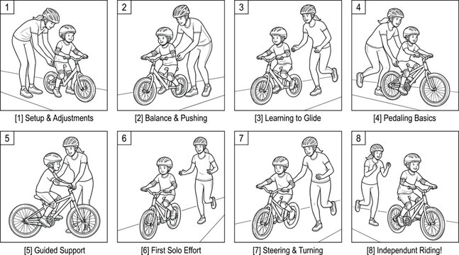 Step-by-Step Bicycle Training for Children with Adult Guidance Vector Illustration Set