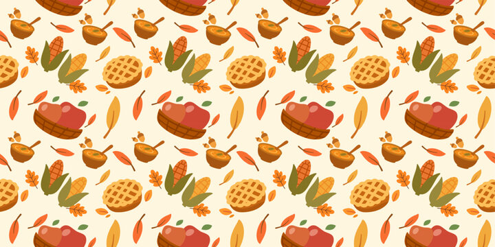 delicious apple pie slices and autumn leaves seamless pattern