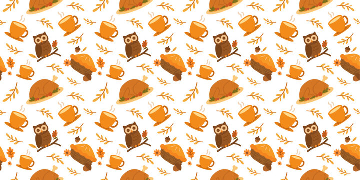 cute little owls and warm autumn drinks seamless pattern