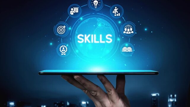 Conceptual image showcasing various skills represented by icons above a hand holding a tablet, emphasizing the importance of personal development and learning in the digital age. Entropy.