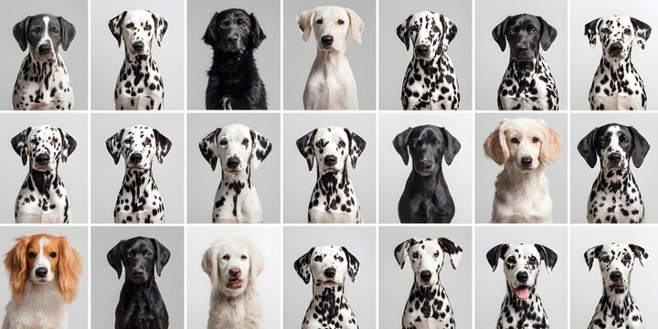 A grid of twelve distinct dog breeds and color variations, all posed facing forward against a neutral gray background.