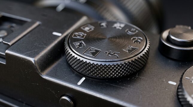 Close-up of a dark metallic camera mode dial, intricately designed with various photographic setting icons for diverse shooting situations, showcasing precision controls