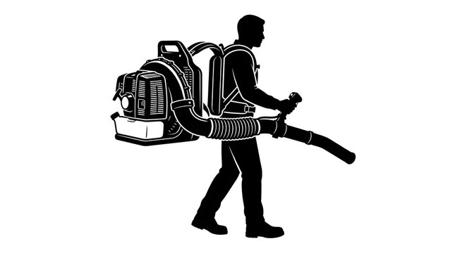 Landscaper operating a heavy duty backpack leaf blower for yard clean up silhouette graphic