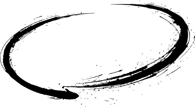 Dynamic black ink brush stroke oval frame with paint splatter texture