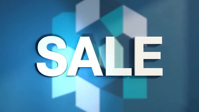 Bold white letters spelling sale stand out against a modern geometric blue pattern