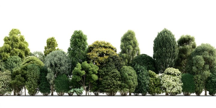 A diverse collection of green trees and shrubs is displayed in a horizontal line.