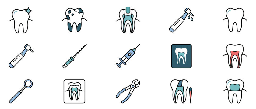 Dental care icons with teeth dental tools and X-ray images on transparent checkered background vector illustration. dental icons including healthy and decayed teeth, drill, syringe, forceps, X-ray,