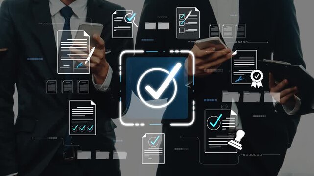 Modern Business Team Collaboration with Digital Documents and Checkmarks, Project Management and Workflow Optimization in Office Environment Sigmoid