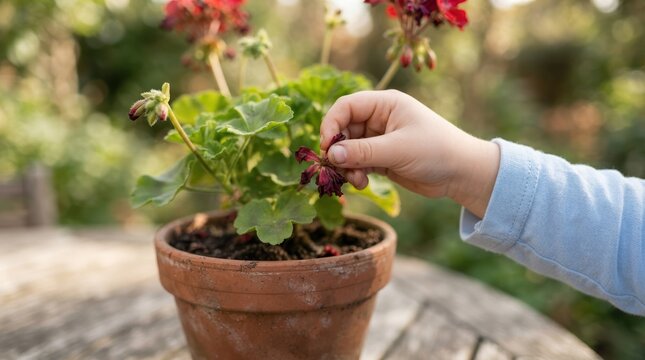 Toddler hands picking dead flowers off a potted geranium plant outdoors representing gardening care