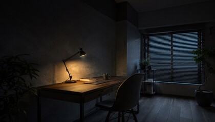 Fototapeta premium Dark home office desk illuminated by a warm reading lamp