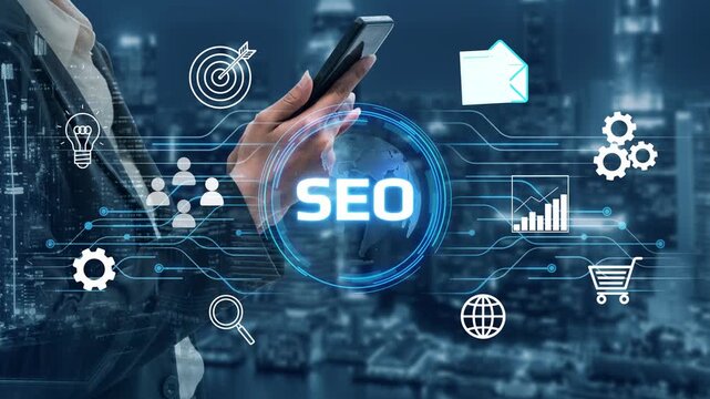 Business Professional Using Smartphone with SEO Icons and Digital Marketing Symbols Overlooking City Skyline at Night. Entropy.