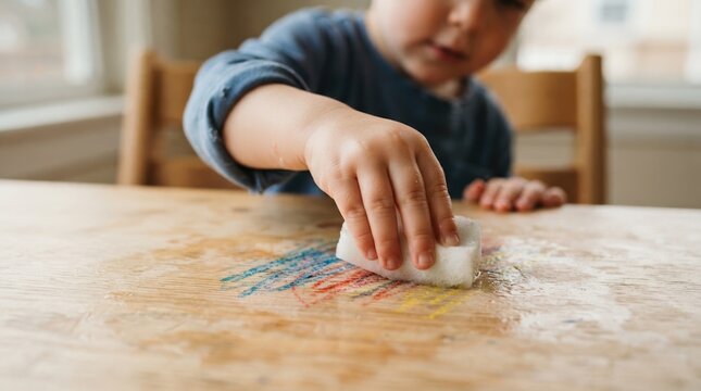 Toddler cleaning crayon marks from wooden table with a sponge at home