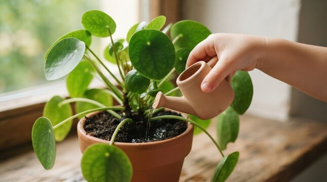 Child watering a potted Chinese money plant on a windowsill with a small ceramic watering can
