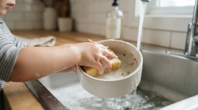 Toddler boy washing dishes in the kitchen sink with a sponge and soapy water, representing household chores and childhood independence