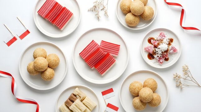 Assorted Indonesian traditional snacks on white ceramic plates.