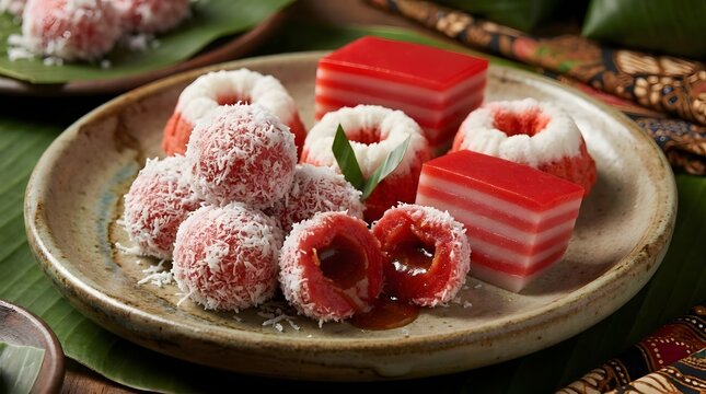 Assorted Indonesian traditional sweet snacks and cakes on plate.