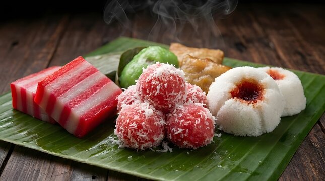 Assorted traditional Indonesian snacks on banana leaf.