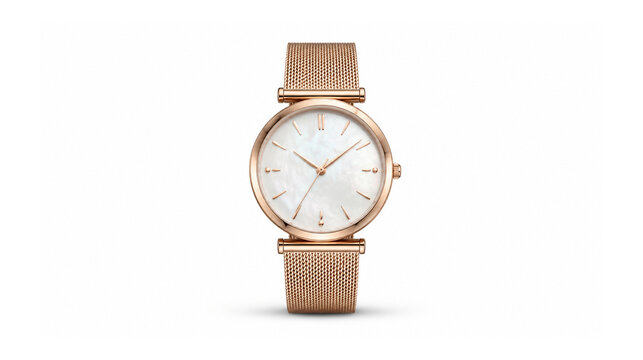 Montre-bracelet &eacute;l&eacute;gante en m&eacute;tal rose isol&eacute;e sur fond blanc