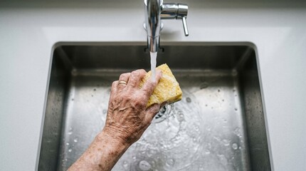 Fototapeta premium Senior woman holding a yellow sponge under running tap water in a modern stainless steel kitchen sink