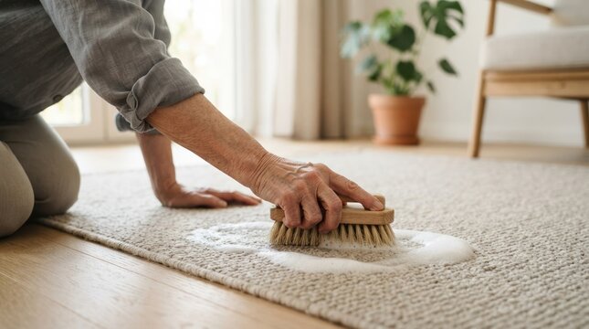 Senior woman cleaning a carpet with a brush and soapy foam on the floor at home