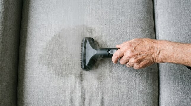 Senior man cleaning a gray fabric sofa with a steam cleaner tool for deep sanitization and hygiene
