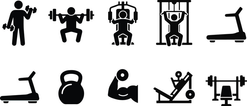 Set of black fitness and gym icons representing various weightlifting equipment exercise machines and healthy lifestyle workout activities