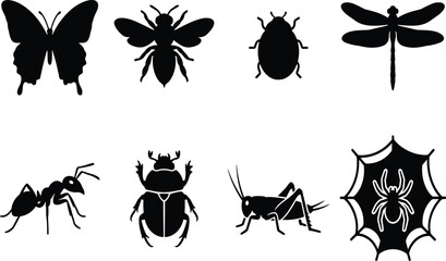 Black insect silhouette icon set featuring butterfly bee ladybug dragonfly ant beetle grasshopper and spider web vector illustrations © MdFarhad