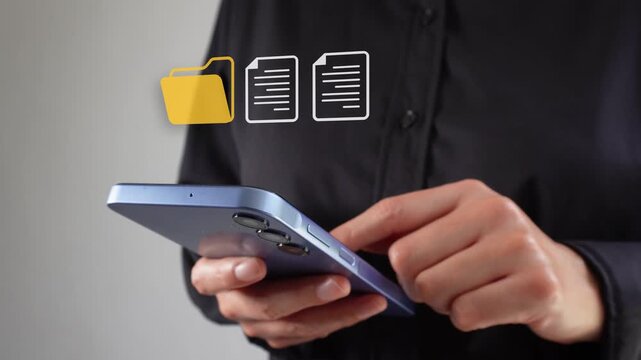 Professional businesswoman checking her mobile phone with an animated icon of a folder and a couple of documents. File management.