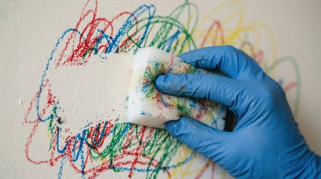 Person in blue gloves cleaning colorful crayon scribbles and drawings off a white wall with a sponge