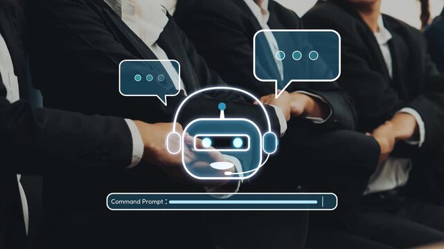 This image depicts a modern office scenario featuring professionals engaging in discussion, complemented by a digital chatbot illustration, representing innovation in communication. Raster