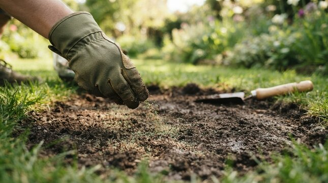 Gardener sowing grass seeds in a backyard garden soil, concept of lawn care, landscaping, and spring planting