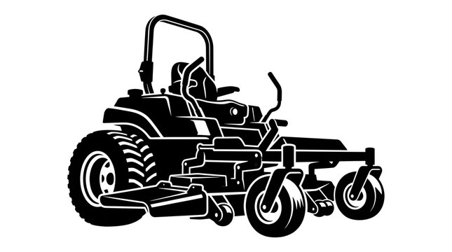 Black and white vector illustration of a professional zero turn riding lawn mower for landscaping and gardening work
