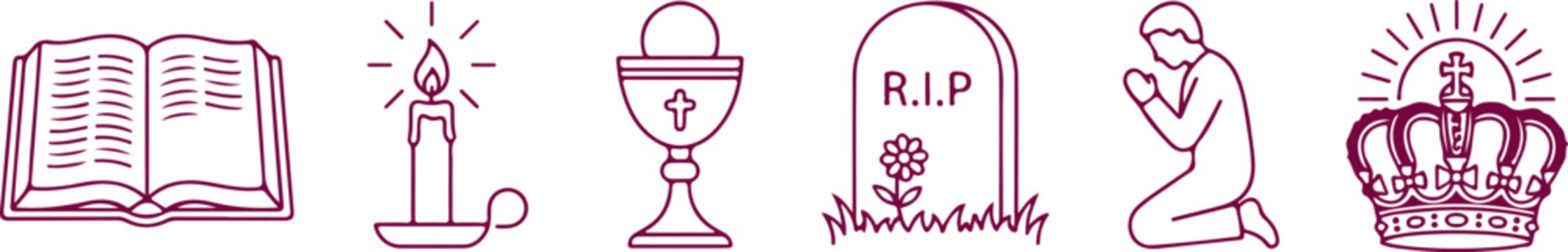Religious and spiritual symbols including open book candle chalice tombstone praying person and crown representing faith hope and life.