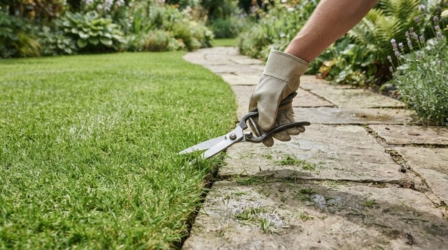 Gardener trimming lawn edges with shears along a stone pathway in a residential garden for landscaping concept