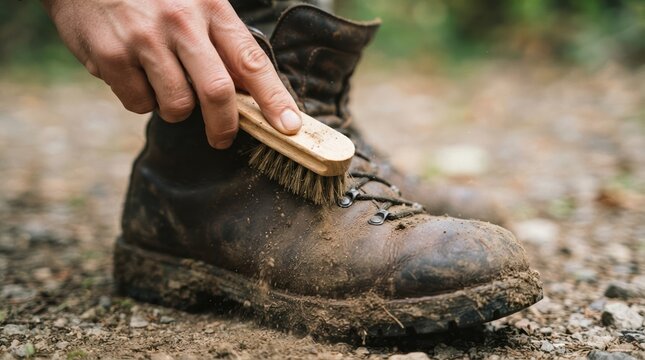 Person cleaning mud from a brown leather hiking boot with a brush outdoors
