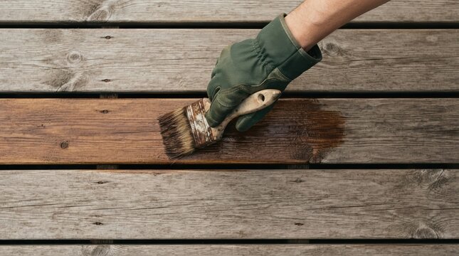 Gloved hand staining wooden deck planks with protective brown wood finish and brush