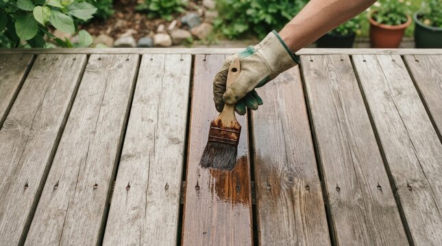 Person applying wood stain to a wooden deck outdoors with a brush, representing home improvement and maintenance