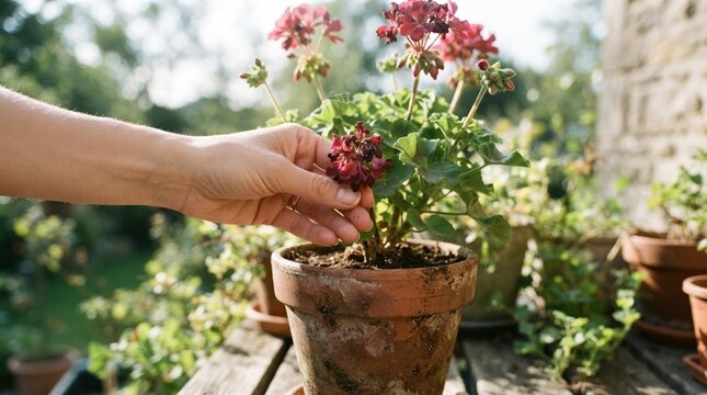 Woman pruning dead flowers on a potted geranium plant on a wooden outdoor garden table