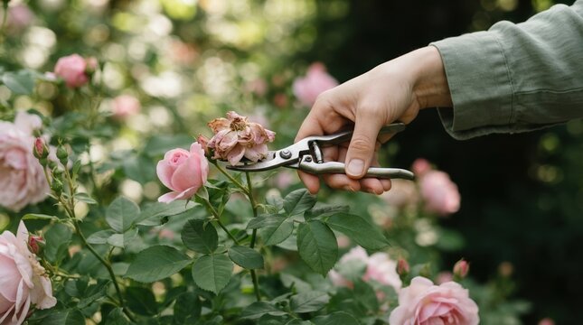 Person pruning dead rose flower with secateurs in garden, representing horticulture, plant care and maintenance