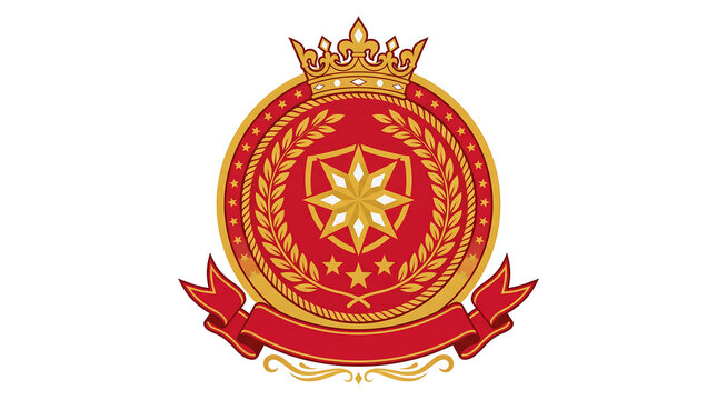 Ornate red and gold heraldic emblem with crown and laurel wreath.