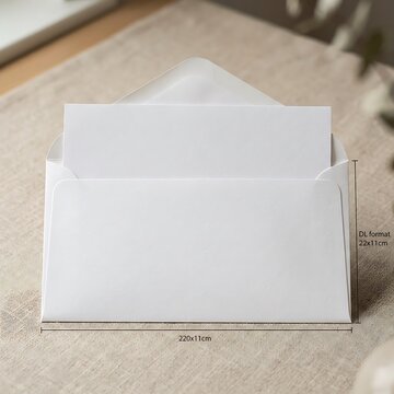 Open white DL format envelope mockup with blank card inserted on neutral textured linen tablecloth background.