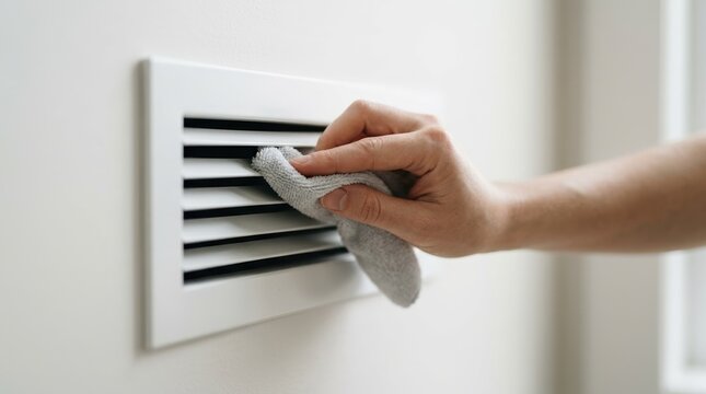 Person cleaning white air vent with microfiber cloth for dust maintenance