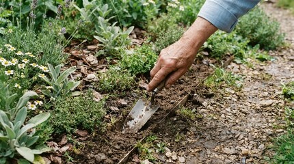 Fototapeta premium Elderly woman digging soil with a garden trowel in her backyard herb garden to plant herbs