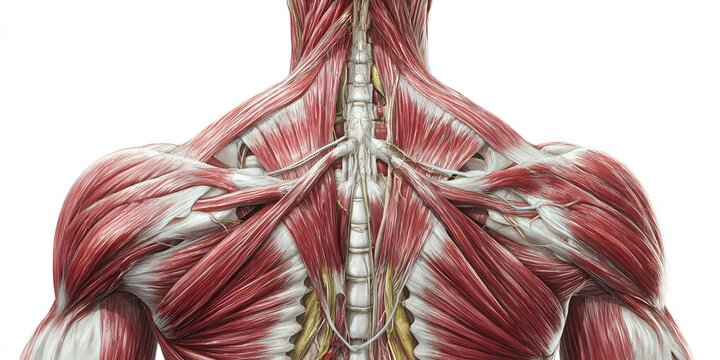 Anatomical illustration displays the complex muscular structure of the human upper back and shoulders from a posterior view.