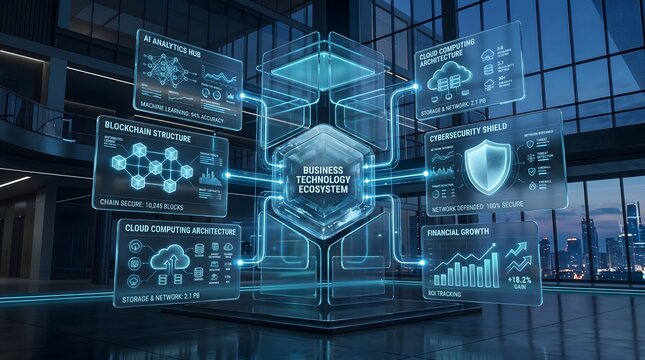 Business technology ecosystem with digital data analytics and cybersecurity