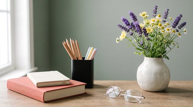 Home office desk setup with flowers in vase books and stationery lavender workspace interior