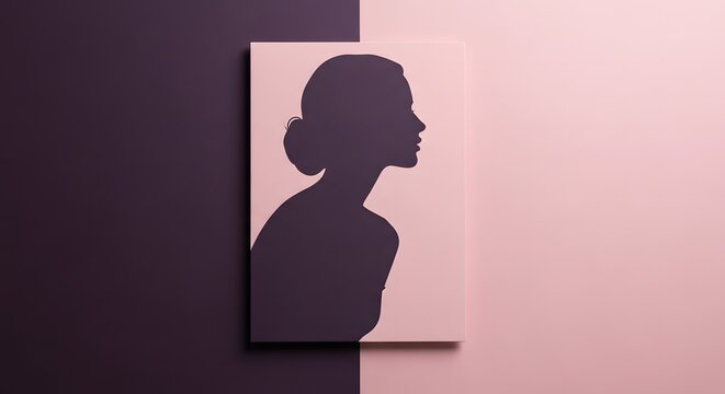 Minimalist silhouette art of a woman in profile against a split-color background.